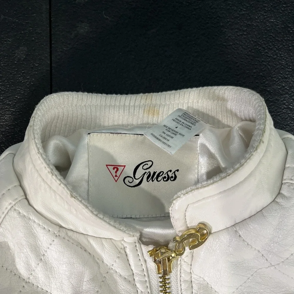 Guess Jacket Girls 4 White‎ Faux Leather Quilted Moto Rhinestone Logo Gold Zip